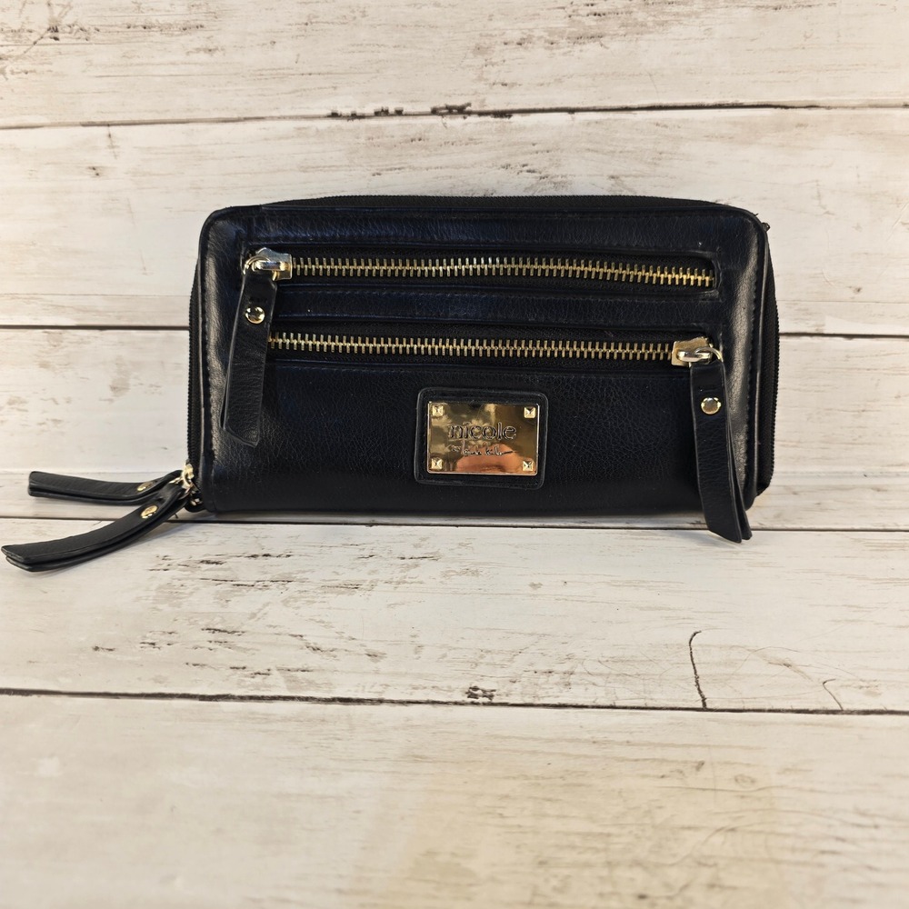 Nicole by Nicole Miller Black Faux Leather Zip Around Wallet Purple Interior